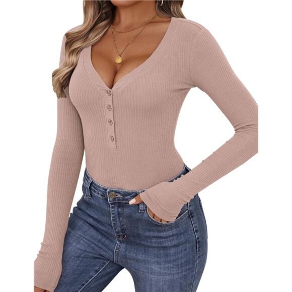 Long Sleeve V-Neck  Shirt - Slim Fit Ribbed Knit Button Top - Picture 1 of 7